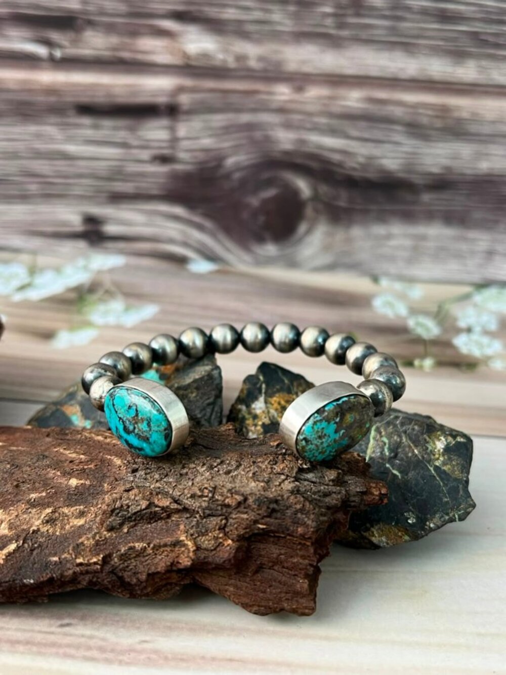 Handmade Sterling Silver Sierra Nevada Cuff Beaded Bracelet Signed Nizhoni